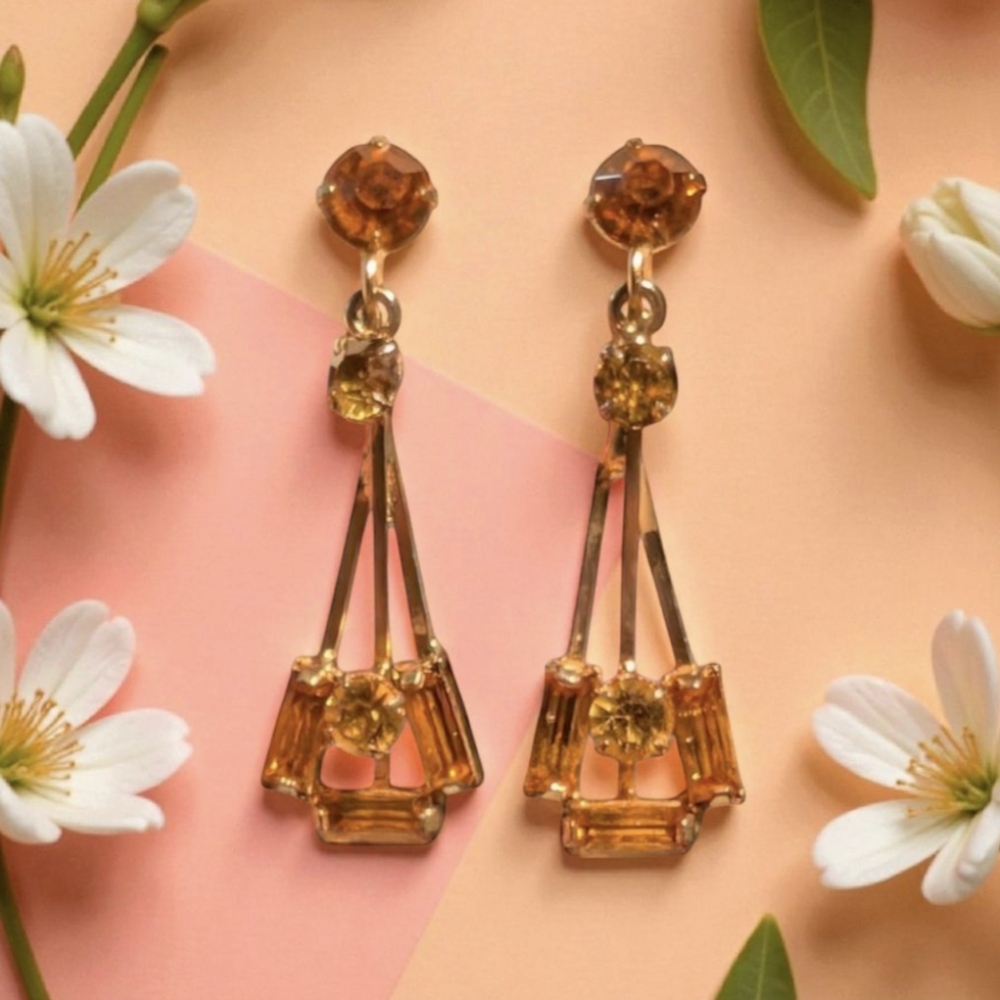 Vintage Signed "Triad" Amber Rhinestone Clip-On Earrings (Circa 1940s–1960s)